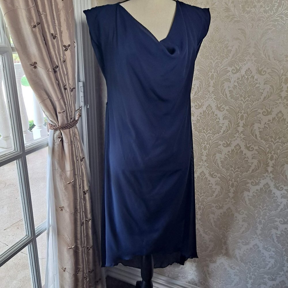 Olivia Matthews Size 8P Navy Blue Cowl Neck Sheer Overlay HiLow Dress